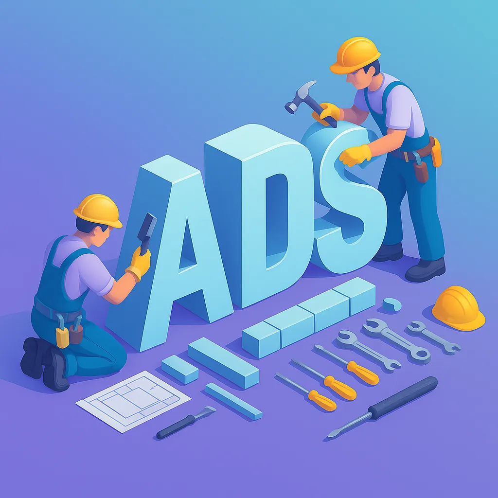 پلن پایه گوگل ادز : تبلیغات مؤثر با هزینه بهینه 14 A 2D digital illustration depicts two construction